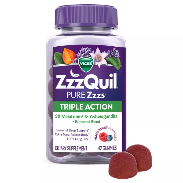ZzzQuil PURE Zzzs Triple Action, Melatonin Gummies, Melatonin 6mg, 3X Melatonin, Sleep Aid with Ashwagandha, Calm Mood, Antioxidant Action, Sleep Aids for Adults, 42 Sleep Gummies | Hy-Vee Aisles Online Grocery Shopping